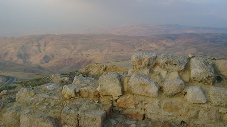 Image: Looking West to the Promised Land from the ruins of an ancient church at the top of Mt. Nebo